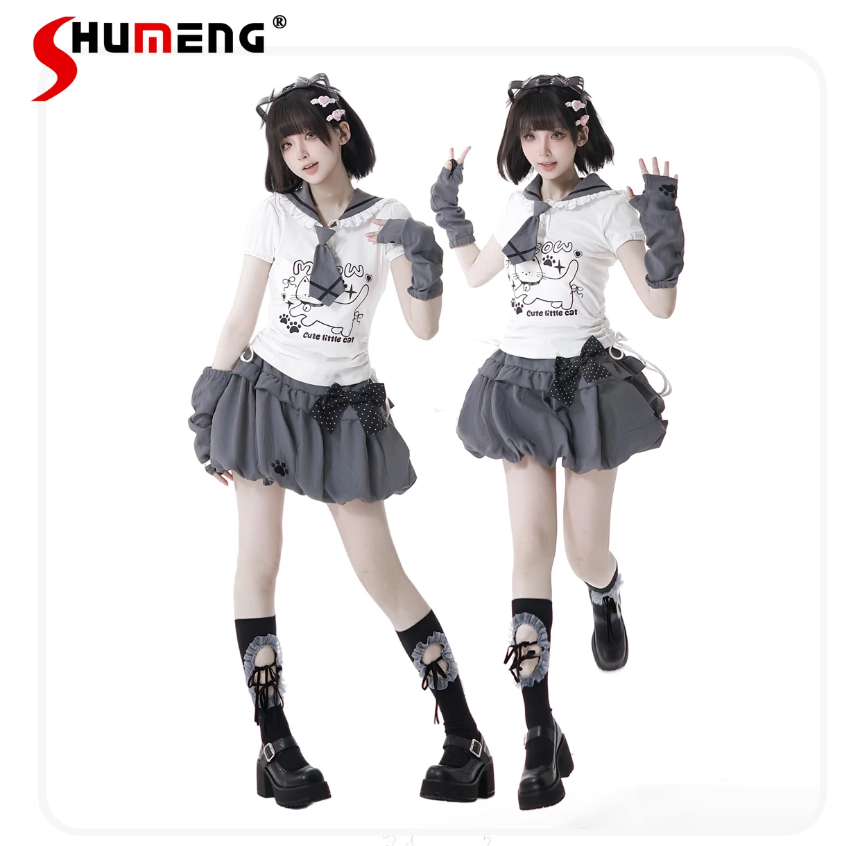 

Sweet Cool Girl Casual Summer Suit Navy Neck Short Sleeve Cartoon T-Shirt Tops High Waist Bud Mini Skirts Two-piece Set Women
