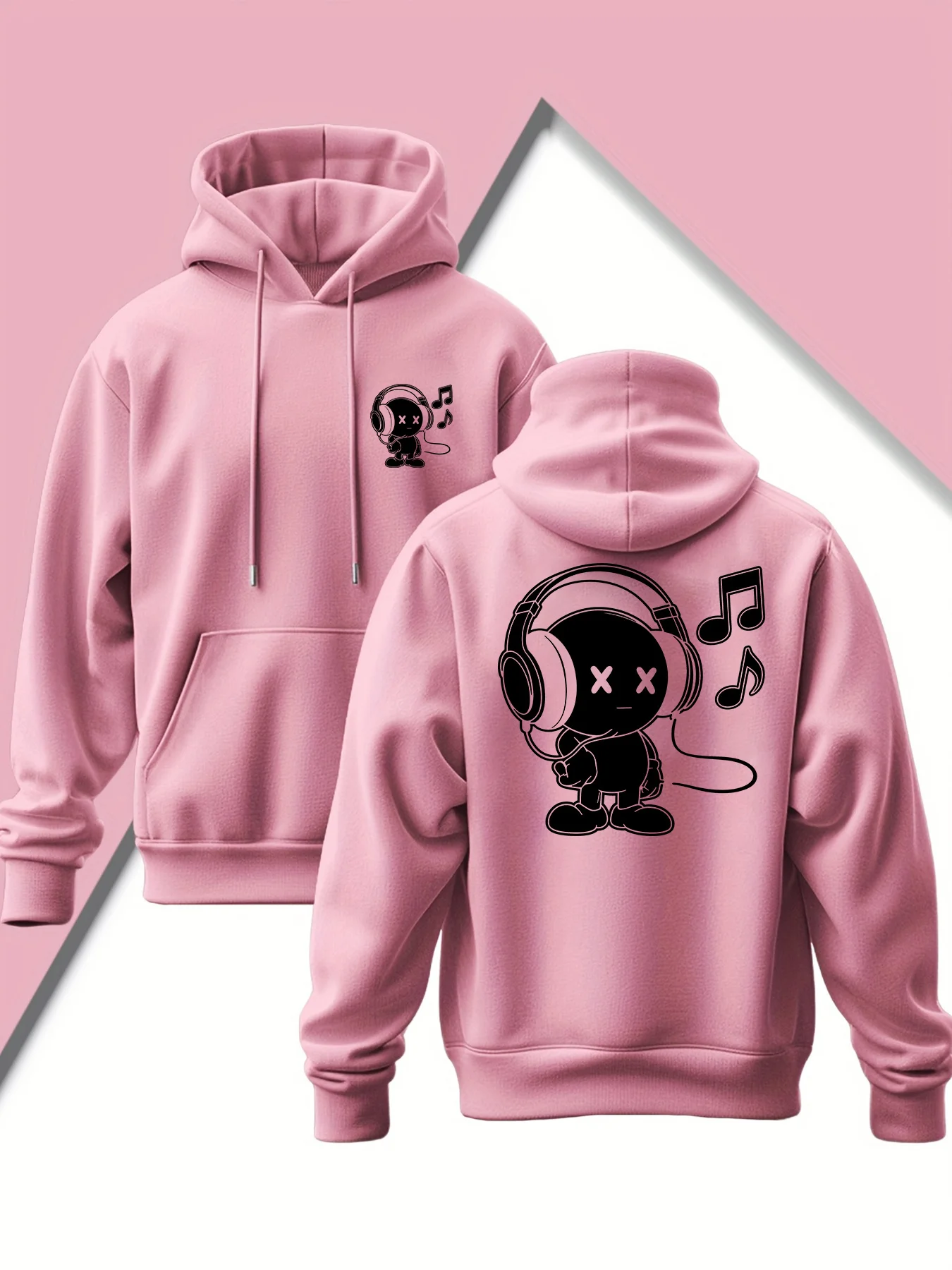 Men Pullover Hoodie Double Sided Cartoon Character With Headphones Print Hooded Sweatshirt Kangaroo Pocket Casual Street Tops