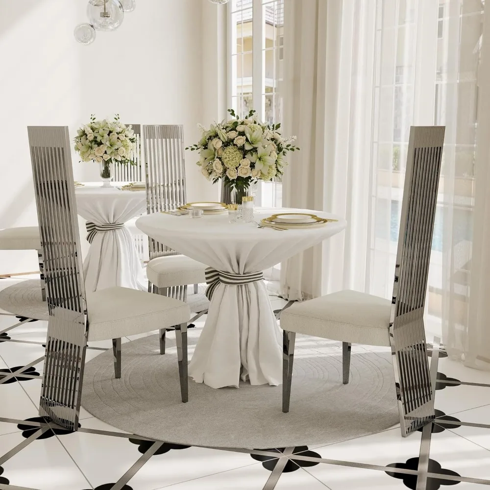 Modern Upholstered High Back Dining Chairs Set of 2, White and Silver, Stainless Steel Legs, Contemporary Style