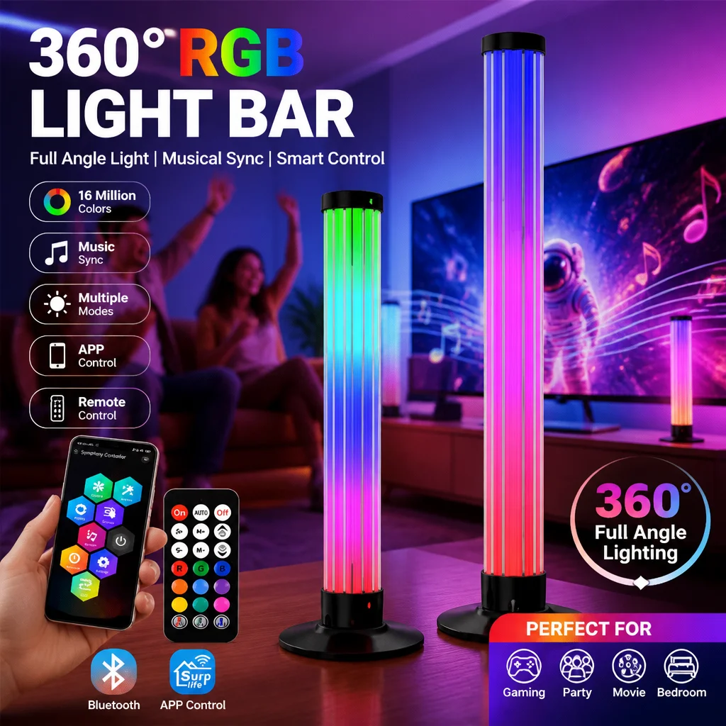 360° RGB LED Light Bar Bluetooth Music Sync Ambient Lamp for Gaming PC TV Room