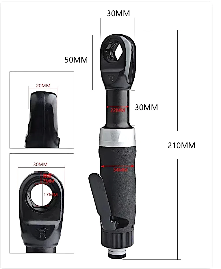 Trinquete pneumático com furo passante TY5T438 |   3/8" |   400 Rpm |   Chave de catraca industrial de 41Nm |   Adaptador de soquete de 10 mm, 12 mm, 14 mm