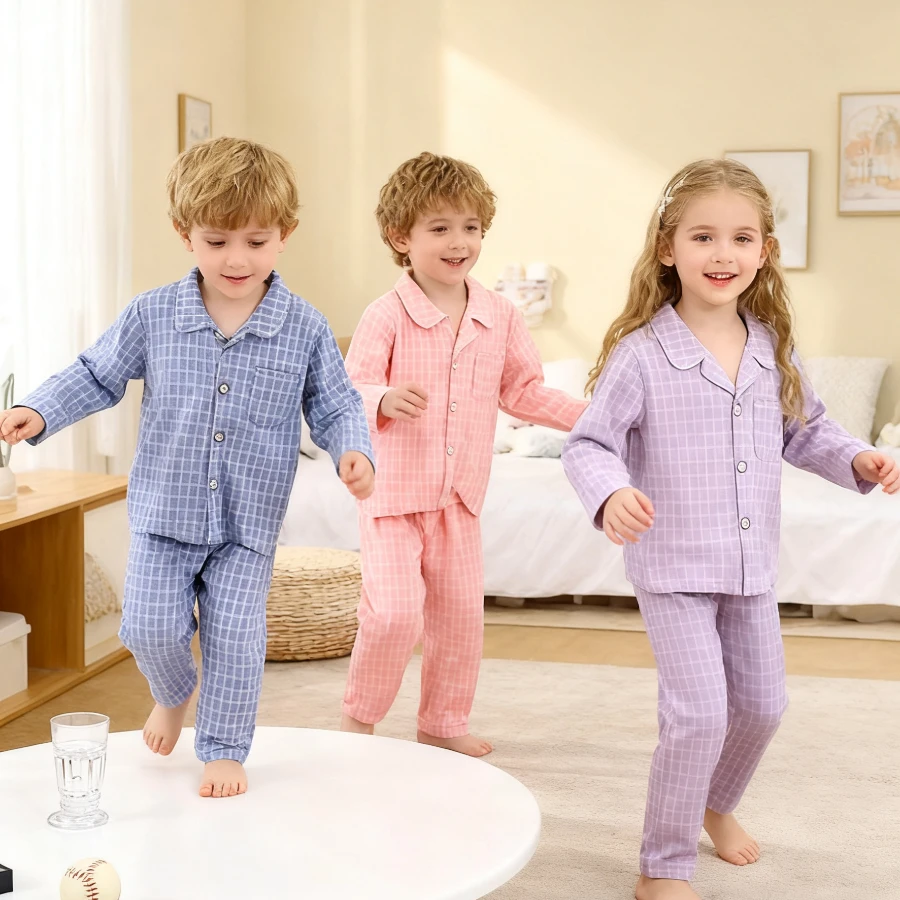 Kids Pajama Set Boys Girls Autumn Winter Thermal Lapel Collar Homewear Casual Cozy Plaid Teen Children Loungewear 2PCs Sleepwear