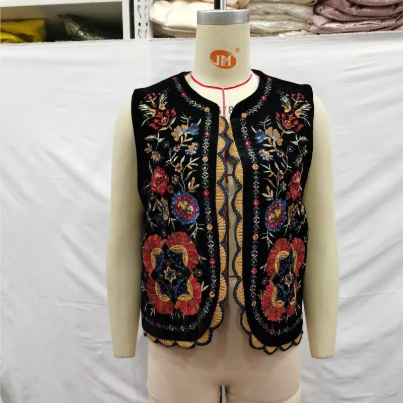 Ethnic Velour Sequins Embroidery Flower Open Stitching Waistcoat Women BOHO Vest Jacket Outfits Casual Vacation Loose Tops