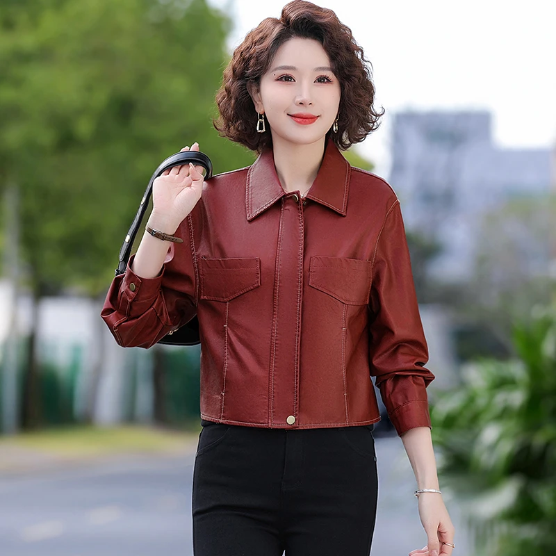 Jaqueta de couro fina feminina, gola alta, costura com zíper, casaco monocromático, roupas da moda