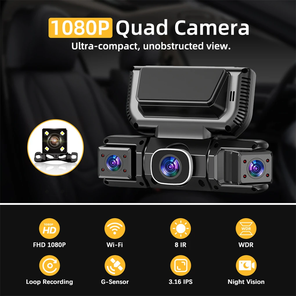 Black Four Channel 5G WiFi Dash Cam Simultaneously Records Front Rear And Sides Safe Reliable Plug And Play Features