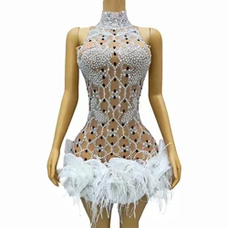 Special Handmade Shining Rhinestones Pearls Feather Lace Dress Women Birthday Evening Dress Stage Perform Photoshoot Costume