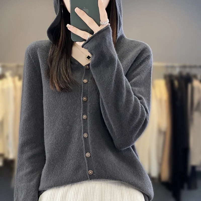 100% Merino Wool Sweater Cardigan Women Korean Fashion Coat Solid Color Top 2024 Spring/Autumn/Winter Women Hooded Cardigan