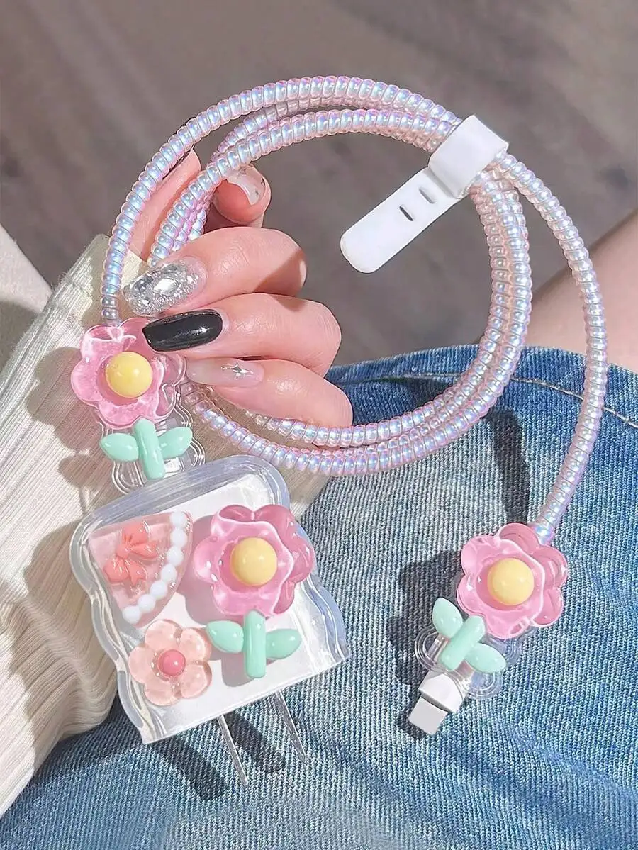 

5pcs Transparent Flower TPU Charger Adapter Cover With Cable Organizer For 18W 20W Fast Charging