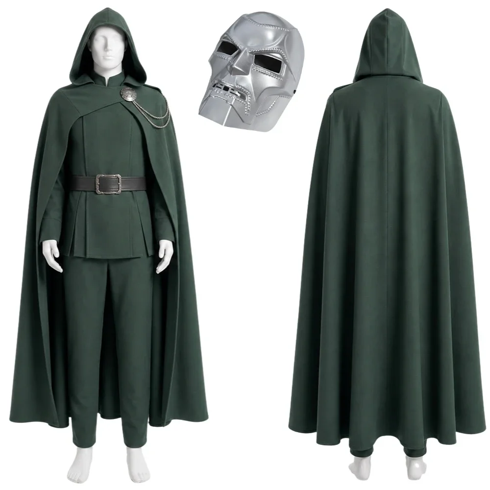 Doctor Doom Cosplay-Kostüme, Masken, grüner Umhang mit Kapuze, Mantel, Hose, komplettes Set, Anime-Rollenspiel-Uniform, Halloween-Karnevalsparty-Anzüge