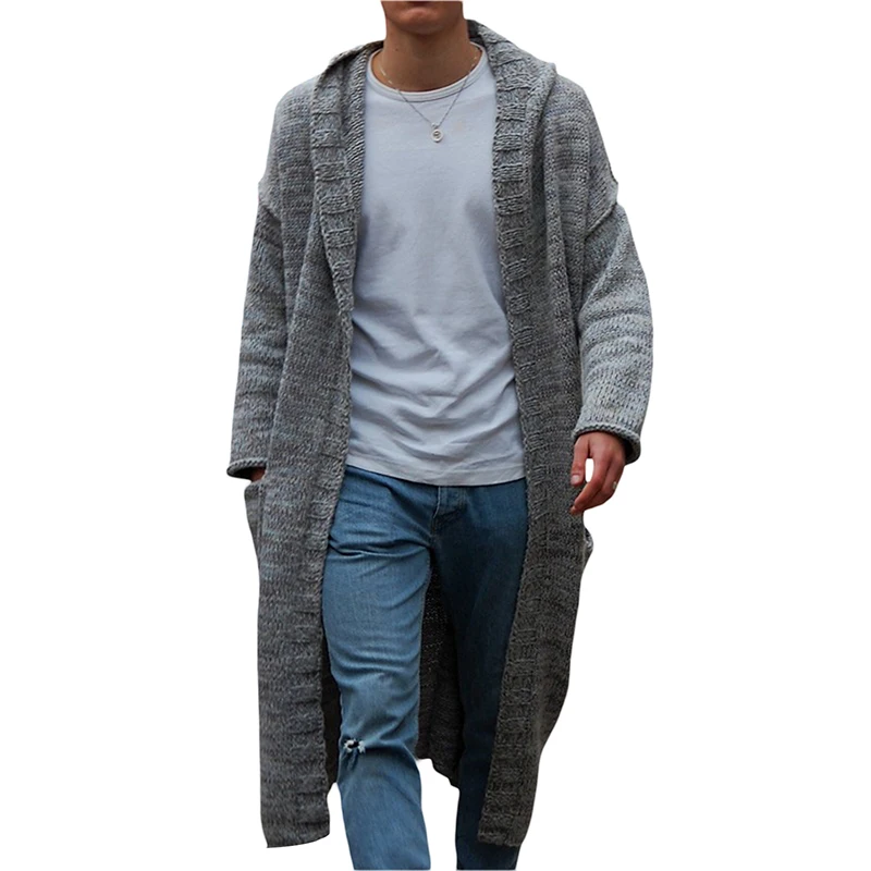 

Men Loose Long Cardigan Solid Color Long Sleeve Hooded Open Front Hoodies Sweaters Fall Winter Knitted Coats with Pockets