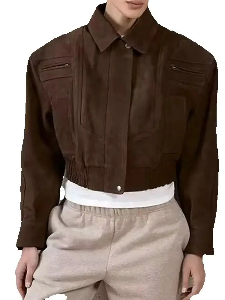 

Осень 2024, женские свободные коричневые замшевые куртки-бомберы в американском стиле ретро из искусственной кожи, женские шикарные модные крутые байкерские бейсбольные пальто