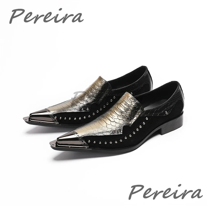Golden Black Patchwork Cowhide Formal Shoes for Men Trendy Rivet Iron Pointed Toe Business Dress Shoes Party Wedding Shoes