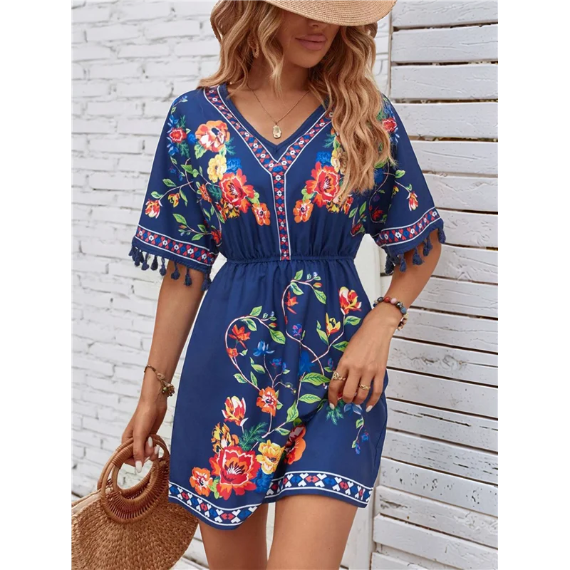 ABRT-Fiesta Haftowana meksykańska sukienka dla kobiet na wakacje na plaży Plus Size Letnie sukienki boho z krótkim rękawem i kieszenią