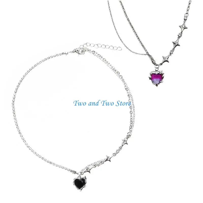 

HX6F Y2K Accessories Fashion Heart Water Drop Pendant Necklace Crystal Egirl Sweet Cool Clavicle Chain Aesthetic Jewelry