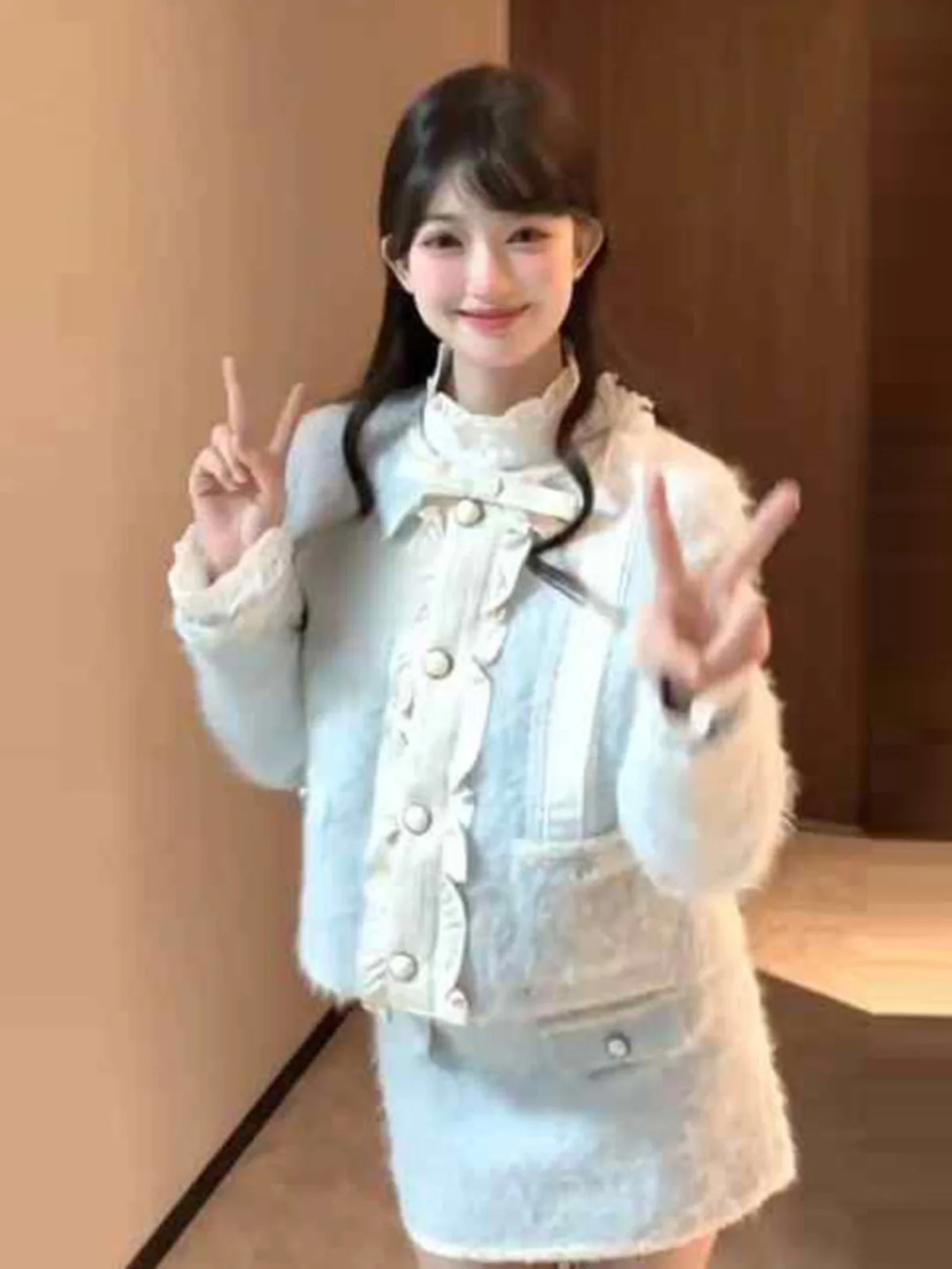 

Chic Set Dress Korean Style Two-Piece Suit Whole Set Early Spring Fashionable Cotton Long Sleeve Button up Short Coat