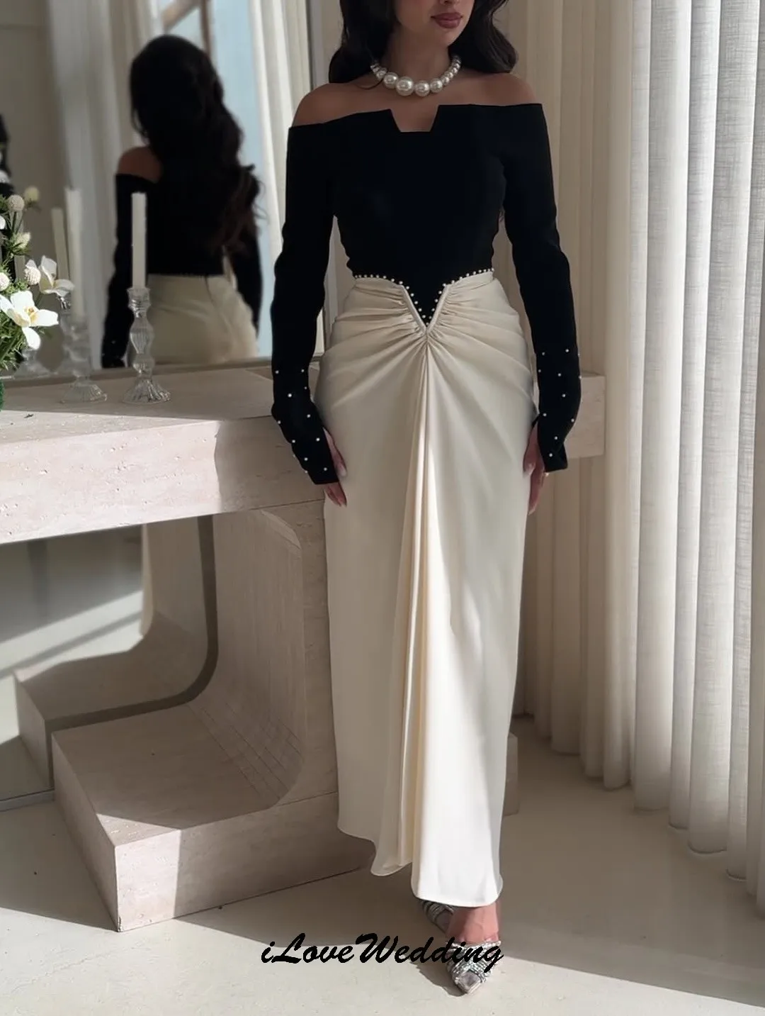 Personalizado fora do ombro vestidos de baile 2025 sereia pérolas elegante vestido de festa de casamento para mulheres convidado plissado vestidos formais