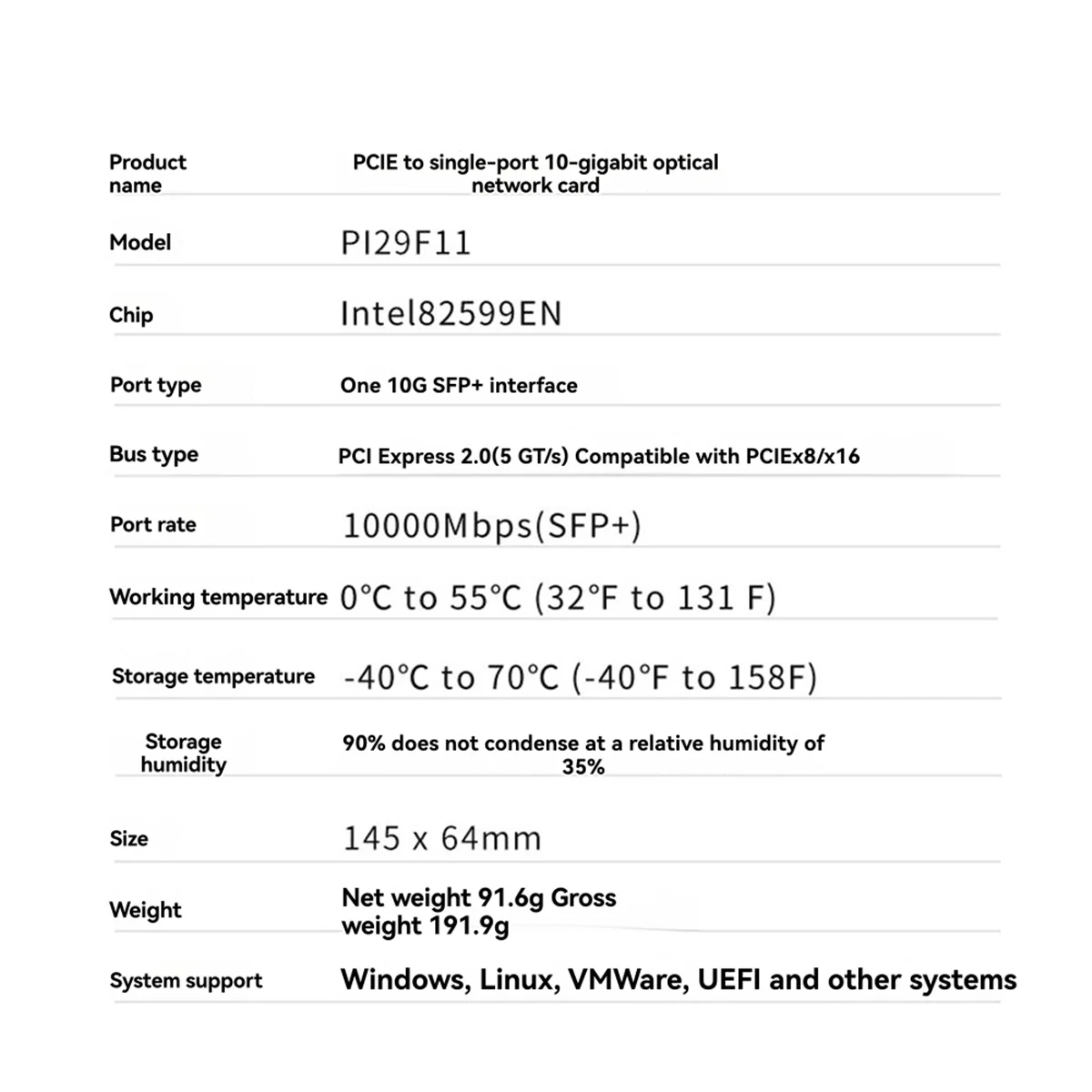 A49T PCIe X8 10G SFP+ Ethernet Network Card Adapter 82599EN Single Port Fiber Adapter Optic Module for Linux Servers