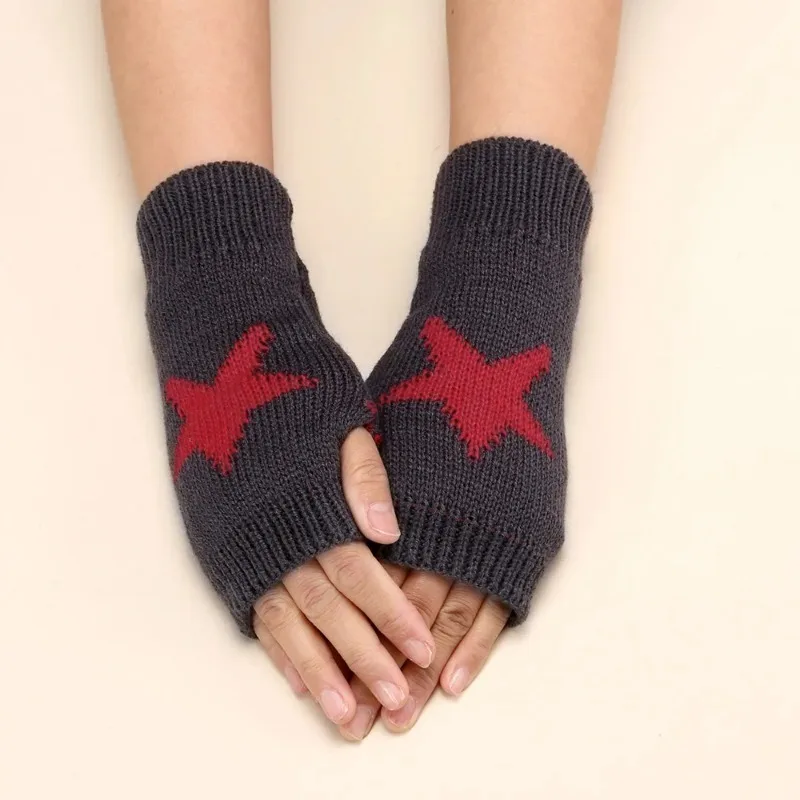 2024 Punk Y2K Knitted Woolen Gloves for Men Women Pentagram Half Finger Warm Soft Mittens Soft Star Hand Fingerless Gloves