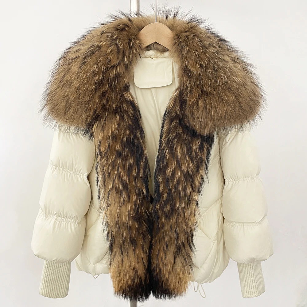 OFTBUY Grande vera pelliccia di procione invernale manica lavorata a maglia vera pelliccia cappotto piumino donna piumino d'anatra bianca piuma oversize
