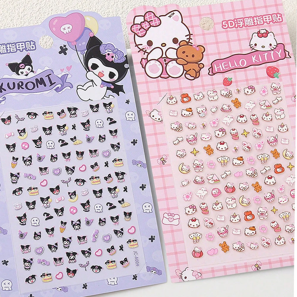 5D Embossed Cute Hello Kitty Nail Adhesive Stickers Kawaii Sanrio Kuromi Pochacco Anime Nail Stickers KT Cat Nail Art Supplies