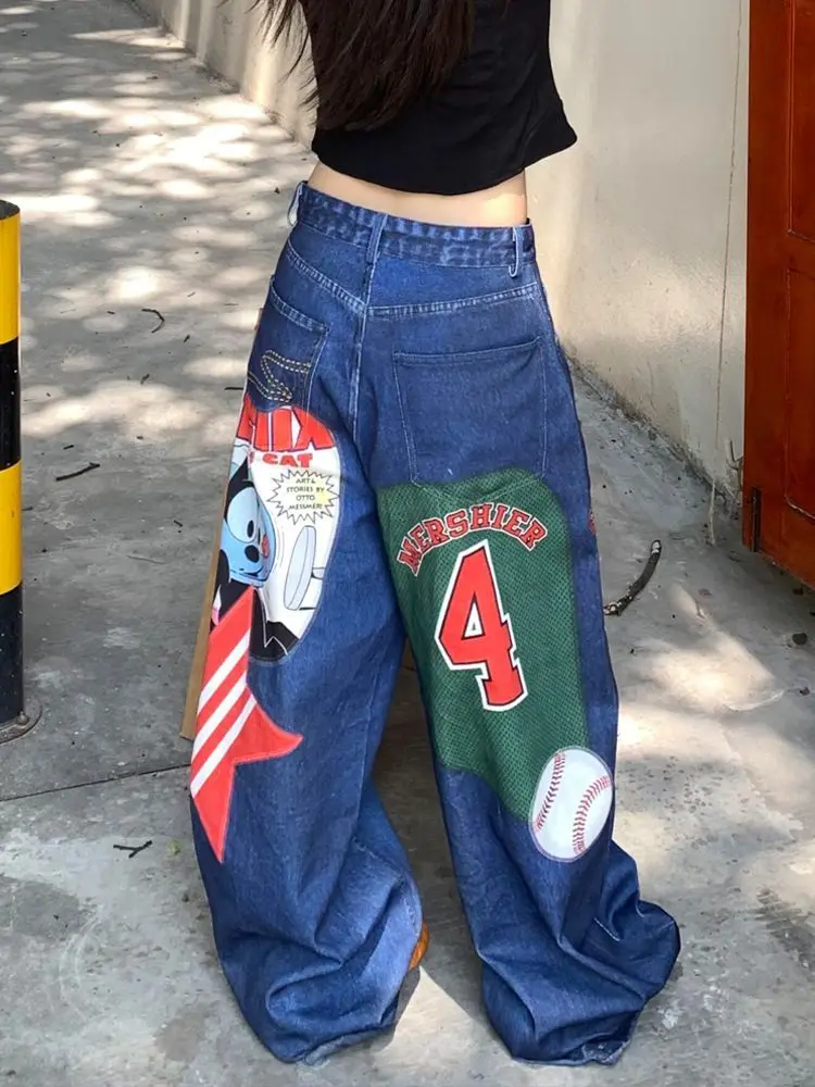 

Свободные женские джинсы с американским новым цветным узором Y2k, свободные повседневные мужские и женские джинсы в стиле Харадзюку с высокой талией в стиле хип-хоп