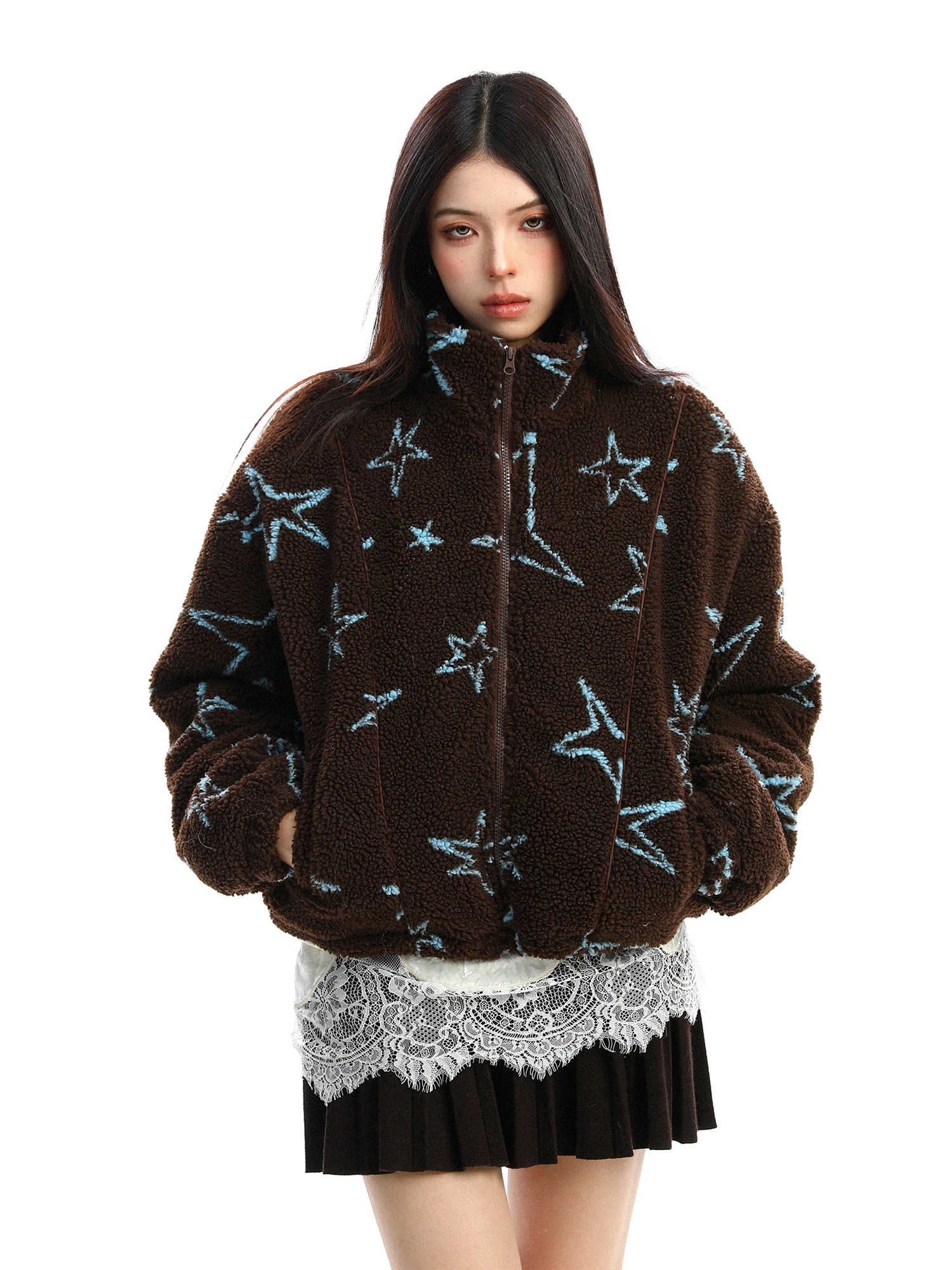 

Женское бархатное хлопковое пальто с воротником-стойкой Thiened Lamb, цветная звезда, зимнее теплое свободное повседневное хлопковое пальто на молнии