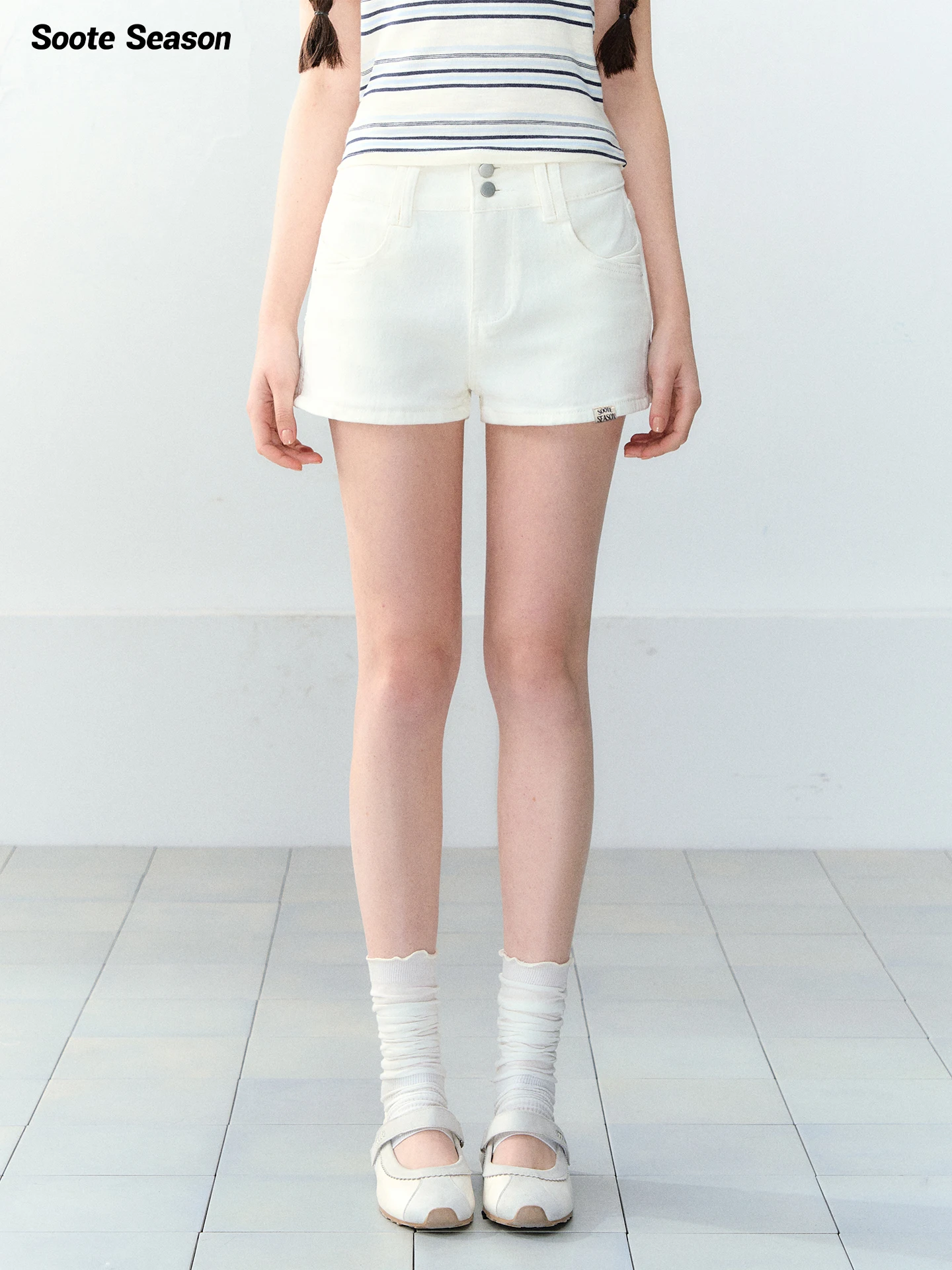 

Soote Season Original White Korean Style Casual Versatile Straight Leg Slightly Stretchy Double Buckle High Waist Jeans Short...