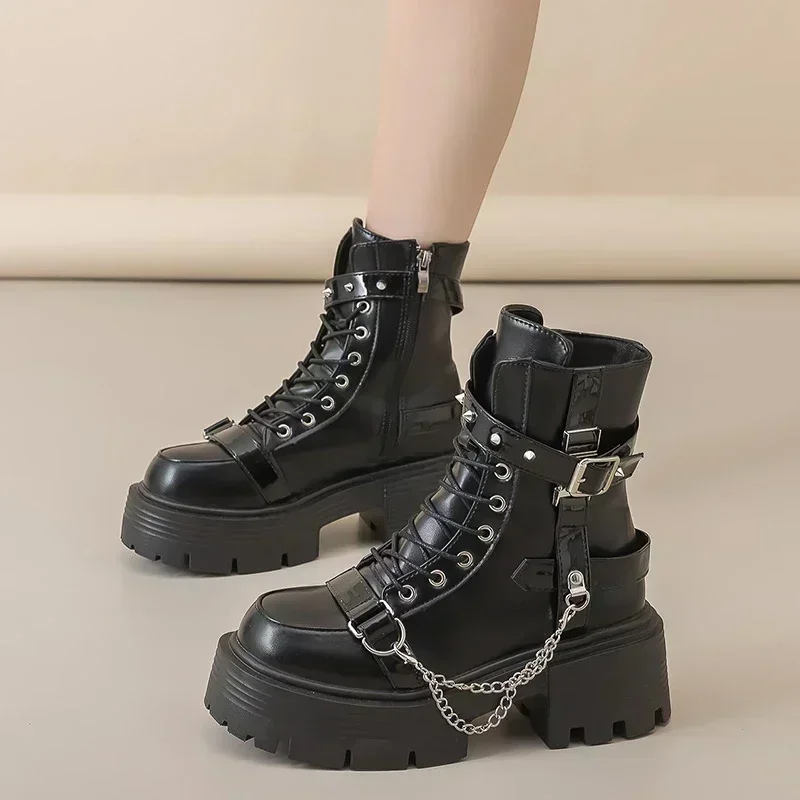 

Fashion Women's Biker Boots Patent Leather Breathable Zipper Lolita Platform Boots 2025 Spring New Retro Gothics Botines Chelsea