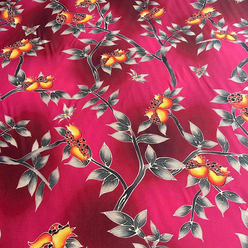 114CM Wide Fruites Printed Purple Red Silk Crepe de Chine Fabric for Summer Soft Dress Pants Silk Tissue for DIY Sewing C001-41