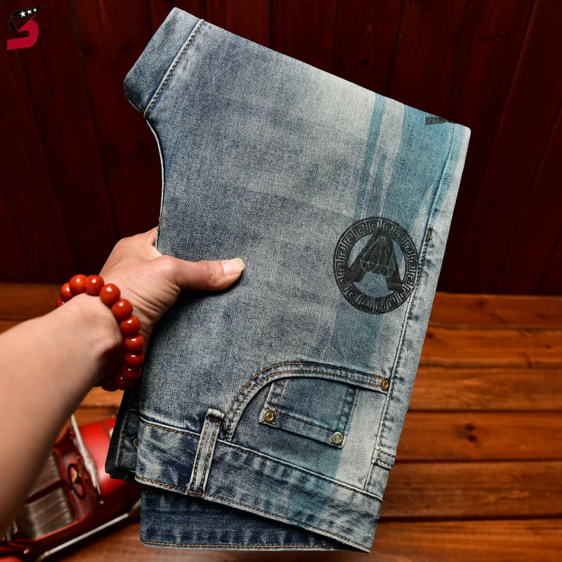 

2026 New High Street Style Printed Denim Pants For Men Slim Cigarette Fit Thin Spring Summer Blue Trousers