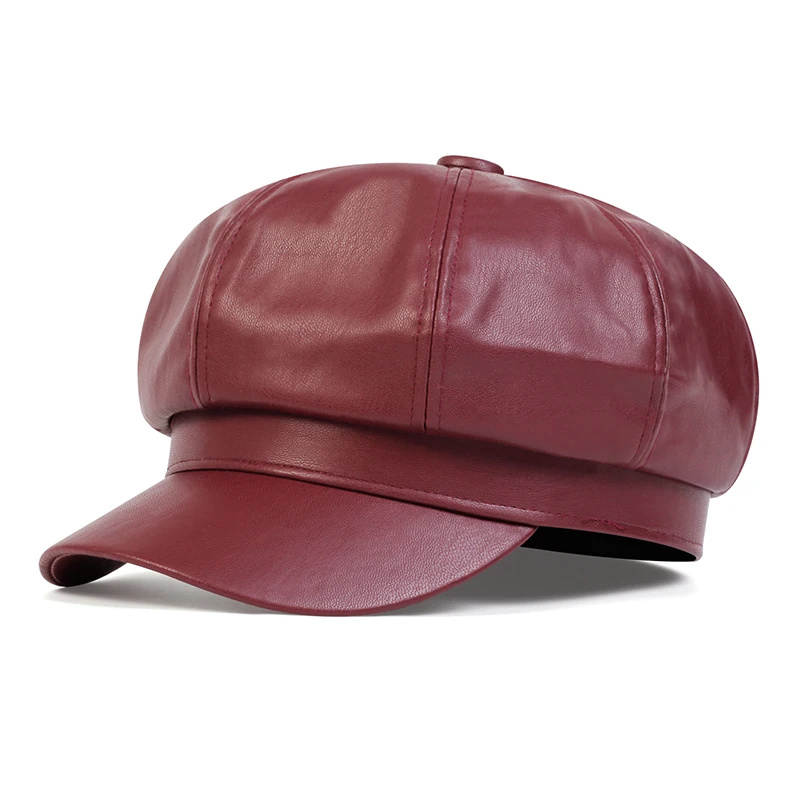 Unisex PU Leather Octagonal Hat Military Hats Flat Top Baseball Caps For Women Men Outdoor Sports Cadet Sunscreen Hat