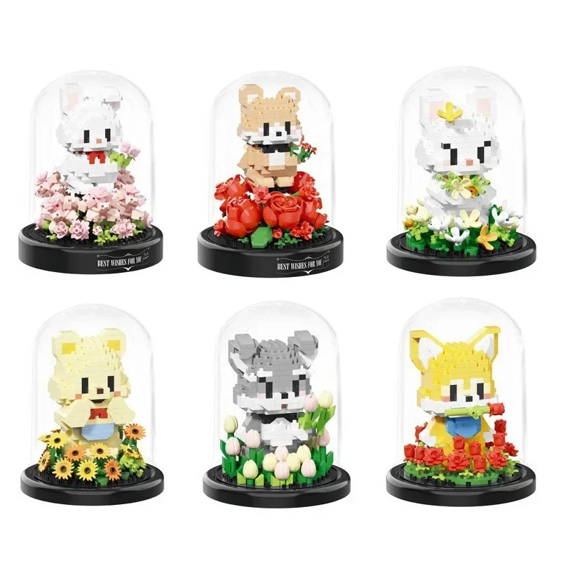 

Animal Building Block Pet Garden Model Kawaii Dog Rabbit Flowers Kawaii Mini Bricks Sets for Kids Christmas Gift with Display