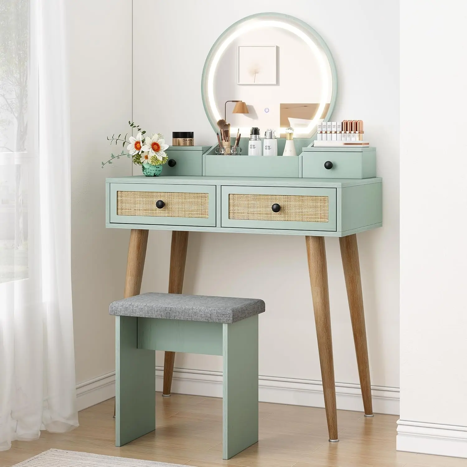 Bedroom Natural Rattan Mint Vanity Desk with Adjustable Lighted Mirror