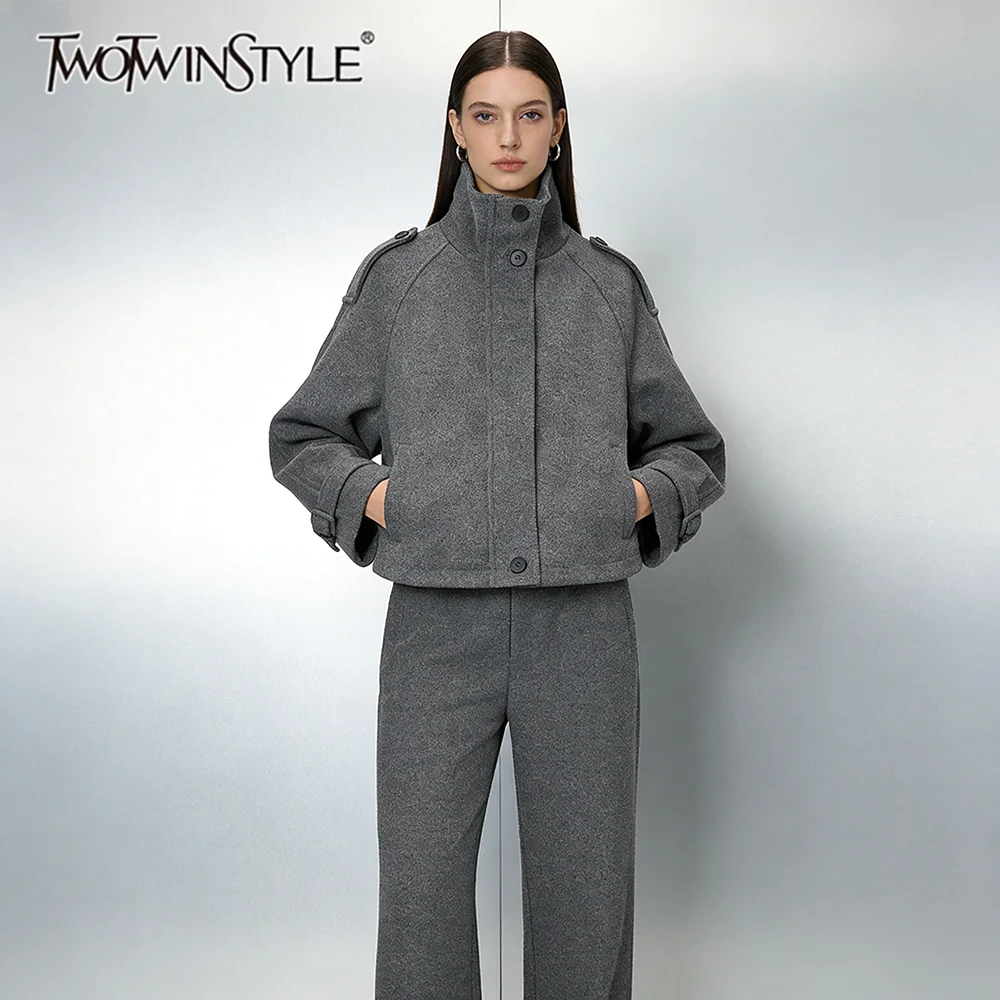 

TWOTWINSTYLE Loose Spliced Buttons Woolen Coats for Women Stand Neck Long Sleeves Patchwork Pockets Coat Female Autumn Clothing