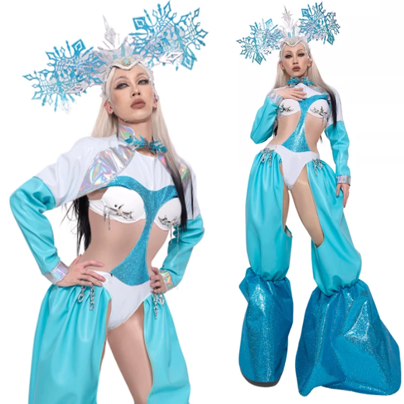 Ice Queen Gogo เต้นรําเสื้อผ้านักร้องนักเต้น Stage เครื่องแต่งกาย Clubwear เงาสิทธิบัตรหนัง Jumpsuit แฟชั่นชุดปาร์ตี้