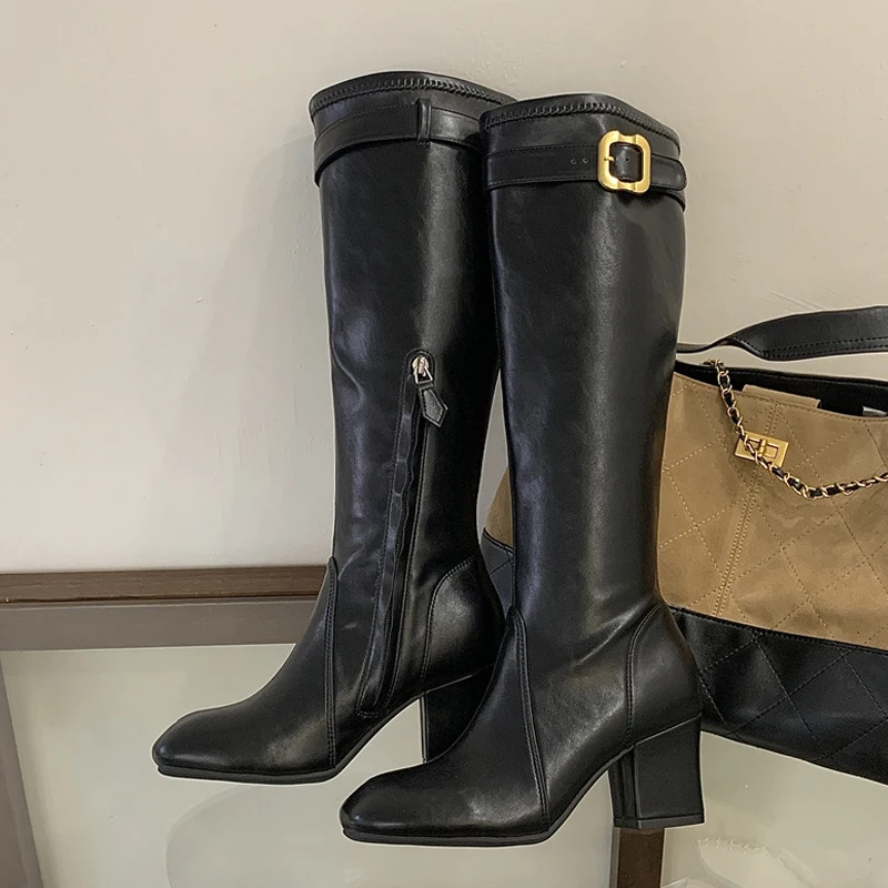 

Aneikeh Autumn Winter Retro Belt Buckle High-heeled Boots Women Punk Style Soft Leather Round Toe Square Heels Shoes