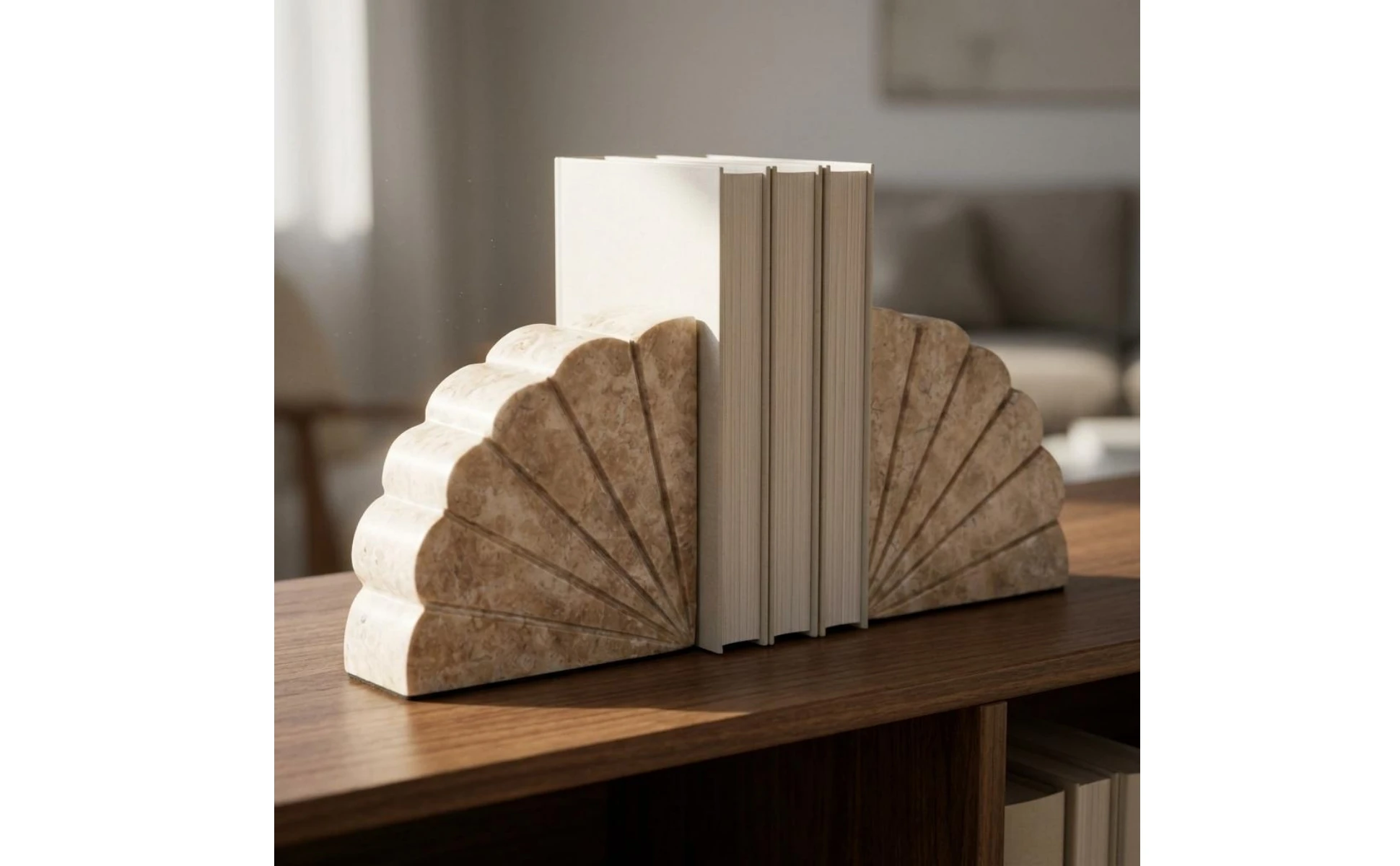Marbled Shell-shaped Bookends Stable Base Artisan Crafted Neutral Shelf Support for Home and Office Organization