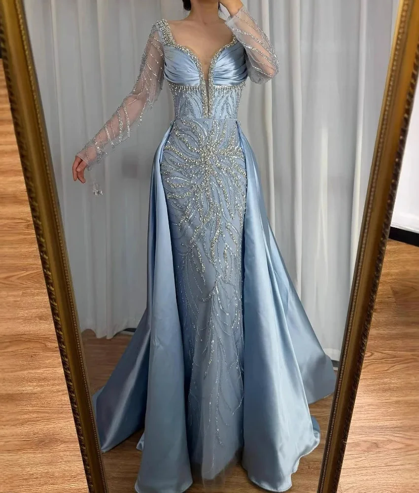 

Customized Luxury Sequined Beading Pearls Crystal A-Line Organza Evening Dress Delicate V-Neck Long Sleeves After Party Dress