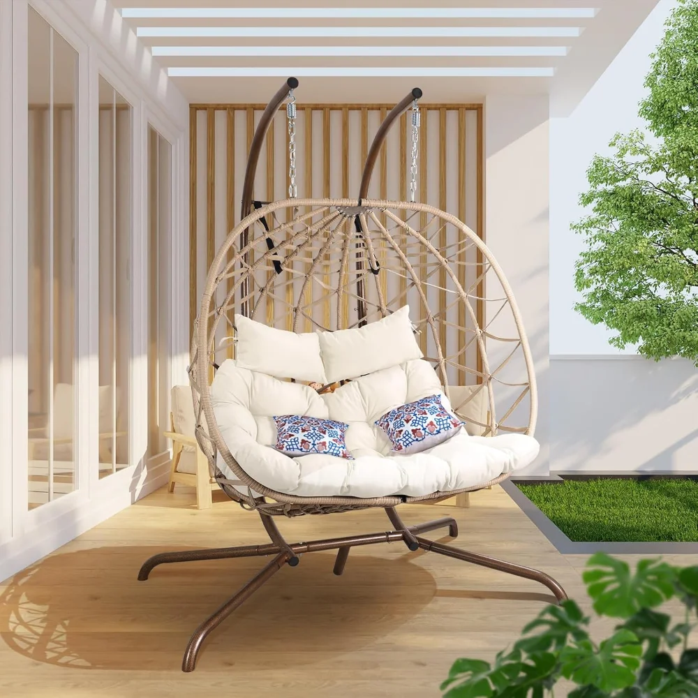 

Outdoor Egg Swing Chair with Stand, 2 Person Patio Swing Chairs with Thick Cushions and Pillows, Wicker Double Egg Chair