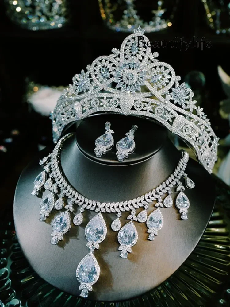 High-End Light Luxury Evening Dress Necklace Crown Bride Wedding Dress Crown Three-Piece Set