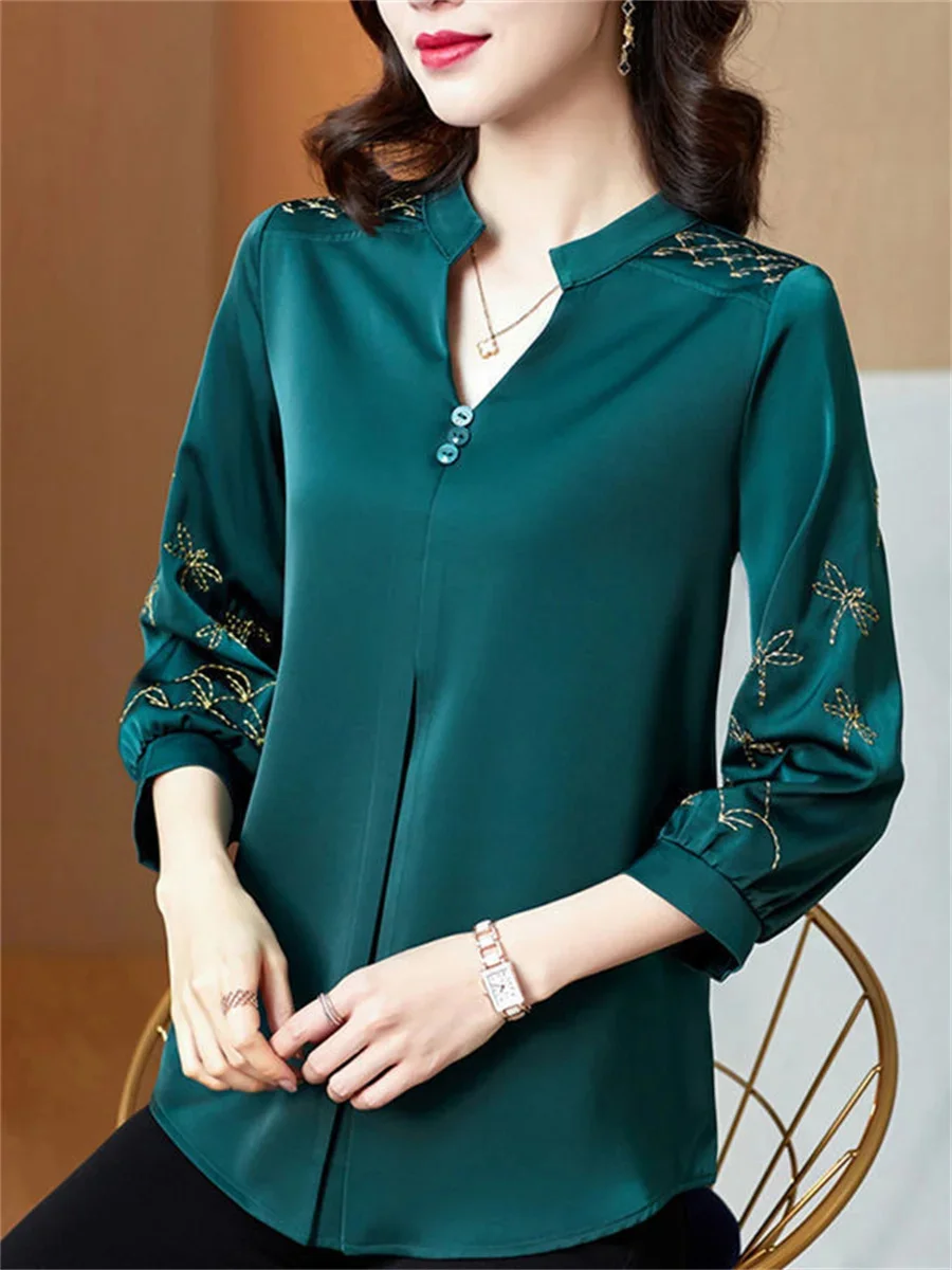 Women Spring Summer Blouses Shirts Lady Fashion Casual Three Quartz Sleeve V-Neck Embroidery Blusas Tops