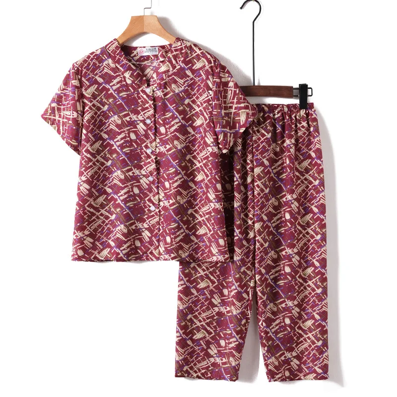 Middle Aged Mother Short Sleeve Sleepwear Suit Floral Pijama Korean Style Two Piece Set Home Wear Calf-length Trousers Sets 3XL