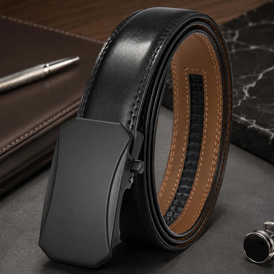 Mens Automatic Buckle Leather Belt Business Casual Luxury Ratchet Belt Adjustable Genuine Leather Waist Strap Dropshipping B44