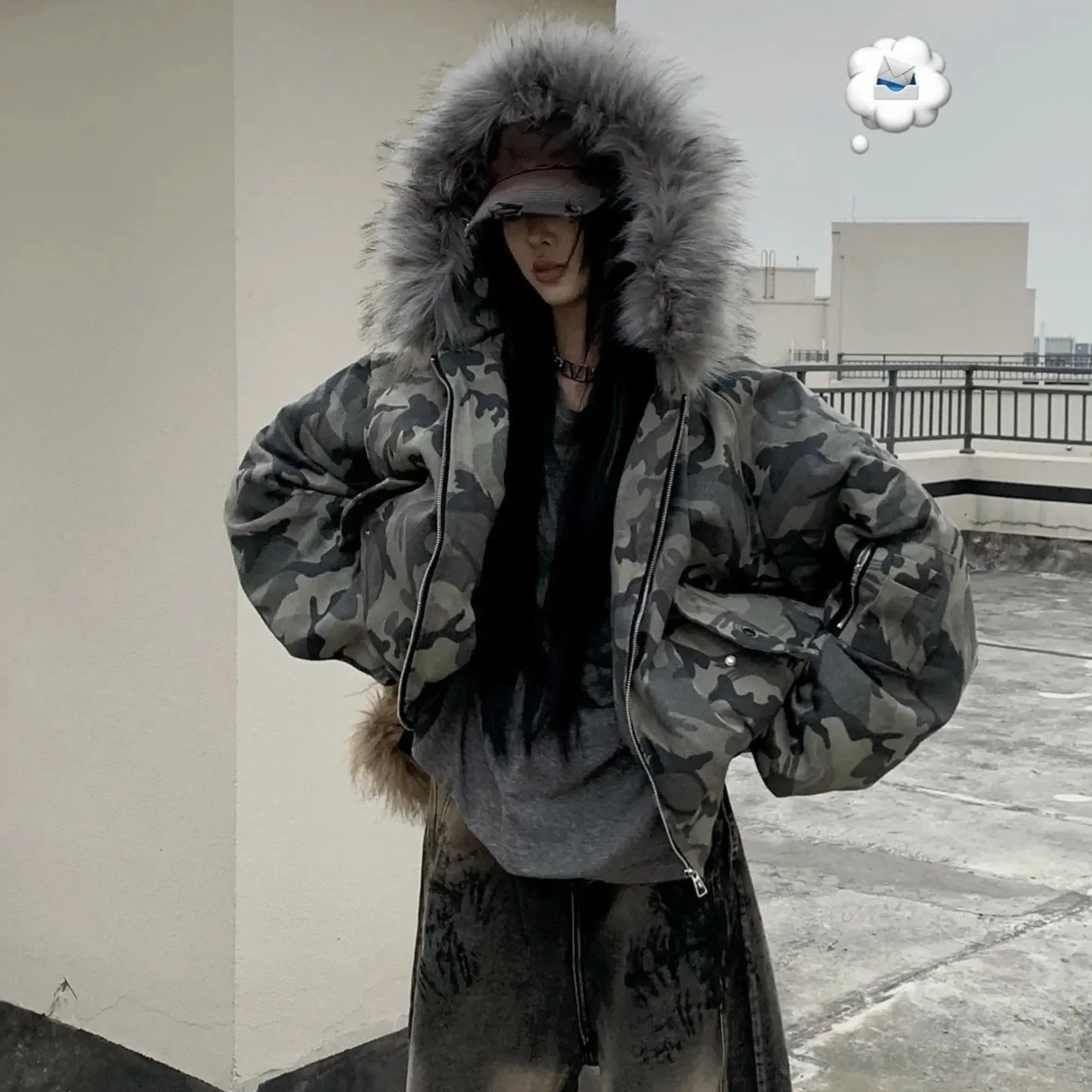 2026 New Faux Fur Collar Camo Print Bomber Jacket Women Thickened Winter Streetwear Cropped Warm Casual Outerwear Cotton Jacket