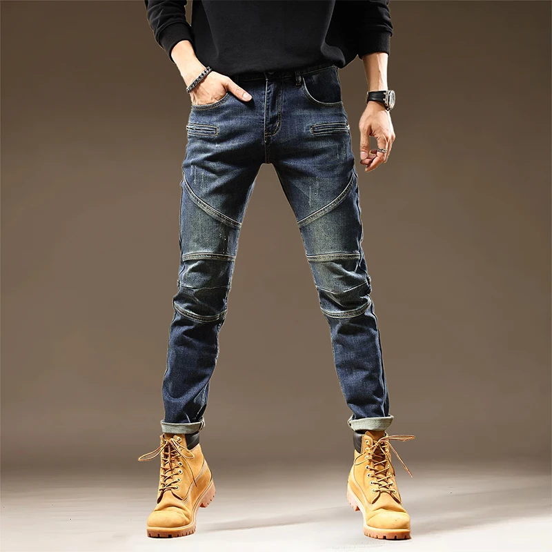 

The new tide brand jeans men's zipper splicing Slim small straight leg pants heavy industry gangster handsome personality pants
