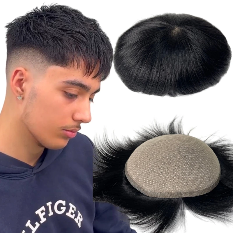 

Шелковый парик Индийские системы натуральных человеческих волос # 1 темно-черный парик 8x10 для белых мужчин