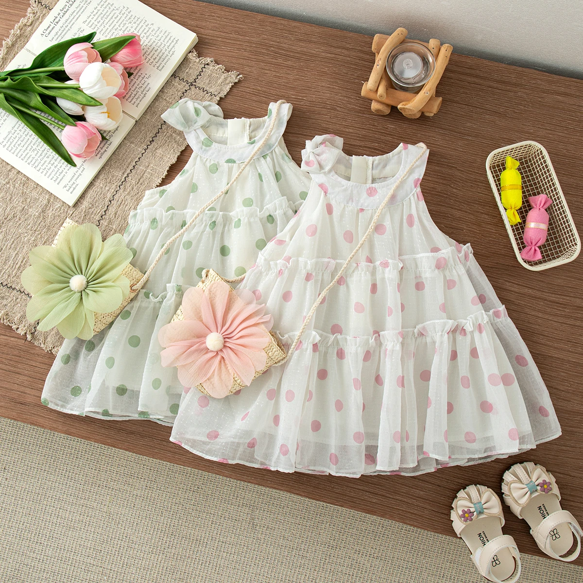

Baby Girl Dress Summer Spot Pattern Round Neck Sleeveless Puffy Girl Kid's Dress Cute Casual Baby Girl Clothes With Bag
