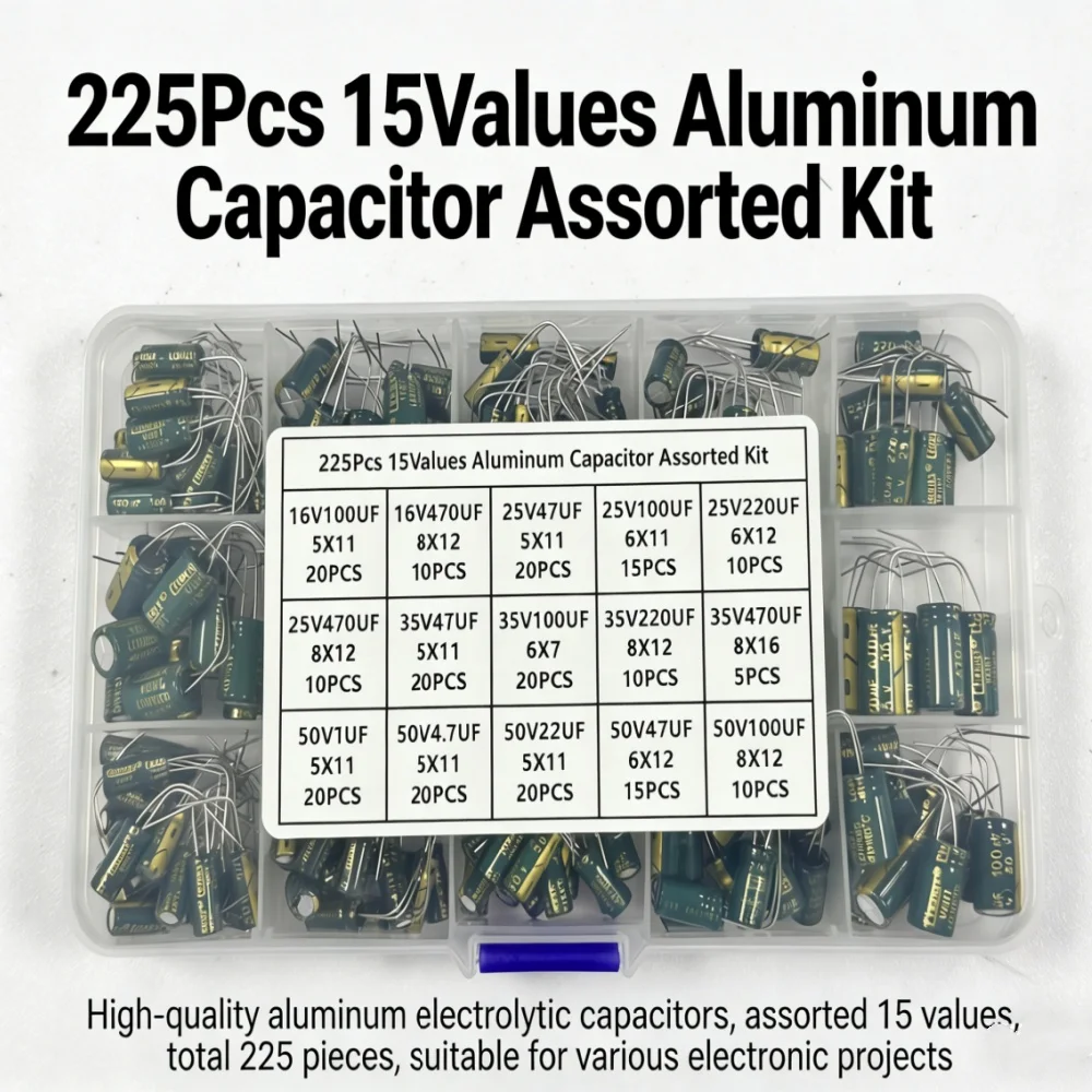225Pcs/Box Capacitor Kit Aluminum Electrolytic Capacitors Set 15Values 16V-50V 1uF-470uF Assorted Kit Storage Low ESR