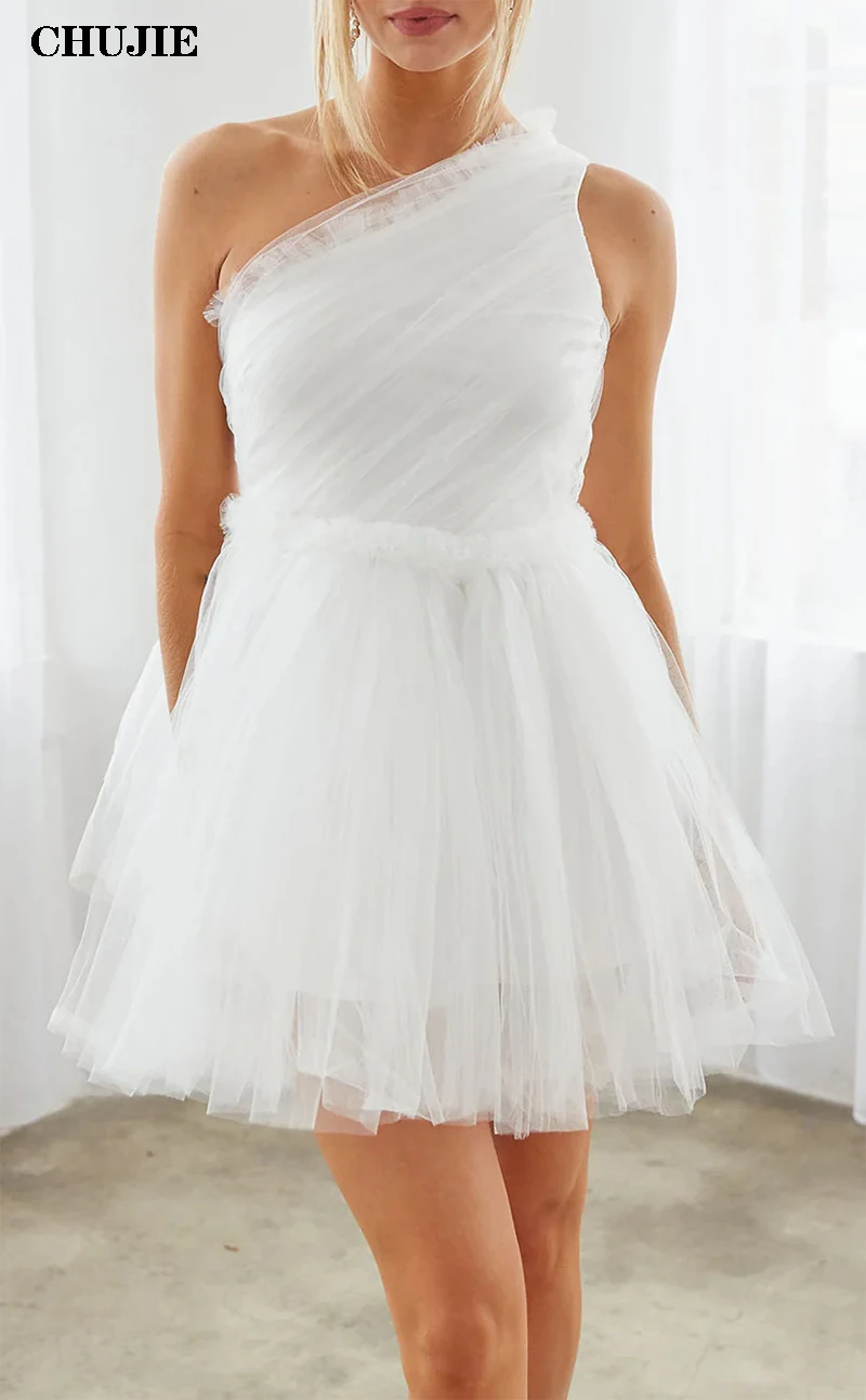 One Shoulder Short Wedding Dress Mini Bride Dresses Sleeveless Side Zipper Formal Wedding Gowns Bridal Gown  Vestido de Novia