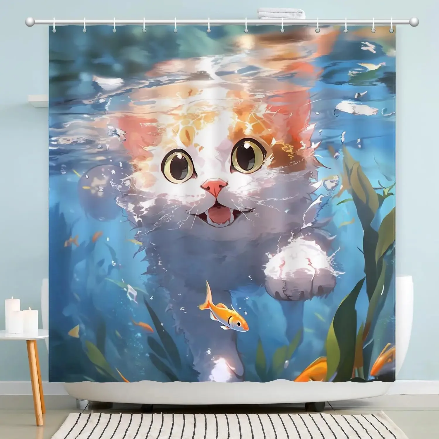 Funny Diving Cat Shower Curtain Cartoon Animals Oil Painting Style Polyester Washable Shower Curtains Bathroom Decor with Hooks